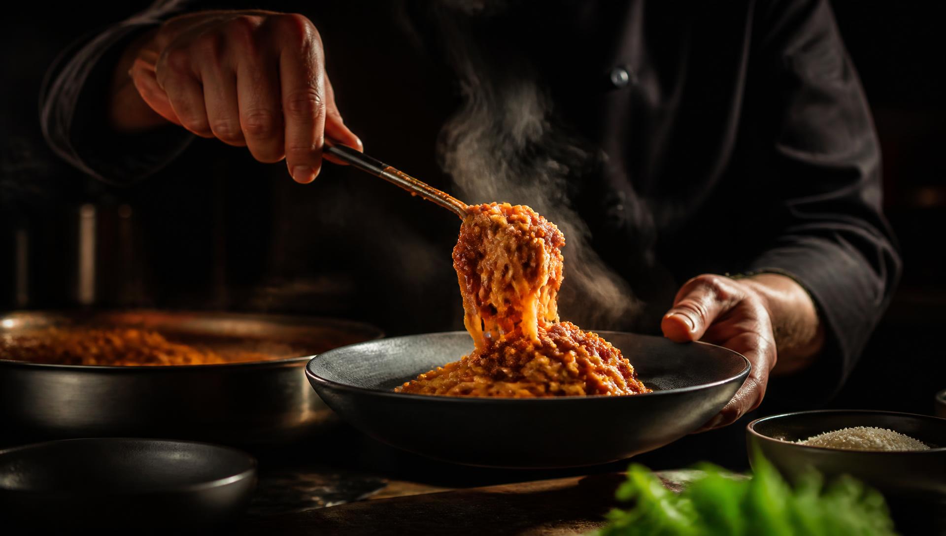 Chef che impiatta un ragù nel centro cottura GOURMEAT